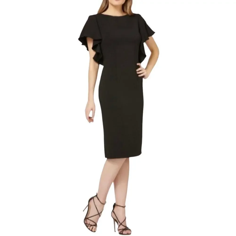 Carmen Marc Valvo Dress Flutter Sleeve Sheath Pencil Neutral Business Cocktail 6
